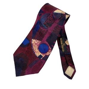Neiman Marcus Silk Necktie VTG Abstract Geometric Burgundy Blue Handmade Spain‎